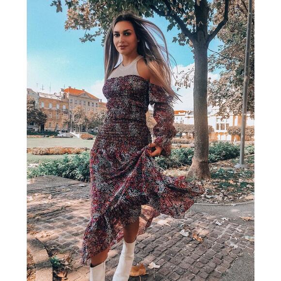 MISA Los Angeles Rashida Dress in Nazirah Floral Puff Sleeve Off Shoulder Small - Picture 1 of 12